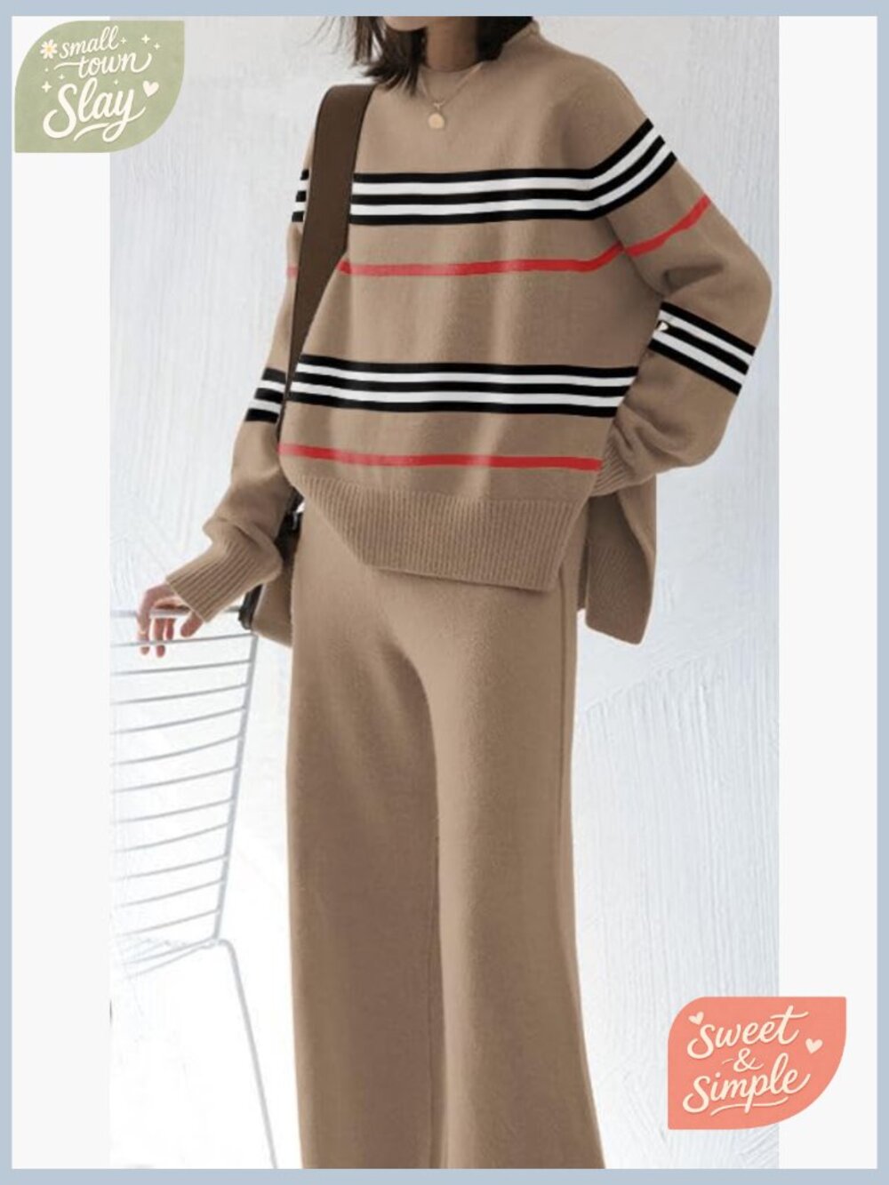 Women's Knitted Lounge Set 2 Piece Sweatsuit Sweater & Wide Leg Pants - Picture 3 of 6